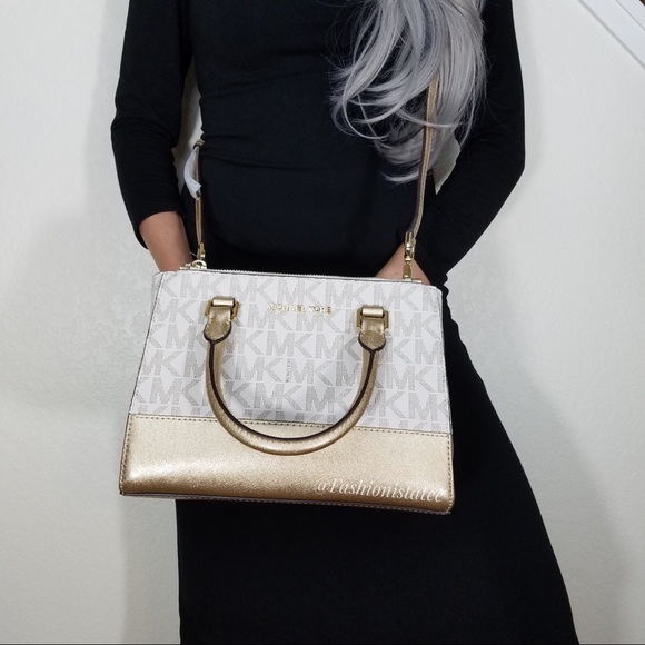 NWT MICHAEL KORS KELLEN SATCHEL CROSSBODY GOLD BAG - Picture 4 of 8